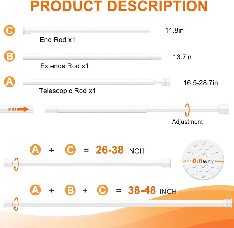 fvonzn Tension Curtain Rod 26 to 48 Inch Adjustable Tension Rods 6 Pack Expandable Spring Tension Rod White No Drilling for Closet Kitchen Cupboard Wardrobe Door Bookshelf DIY Projects - Image 3